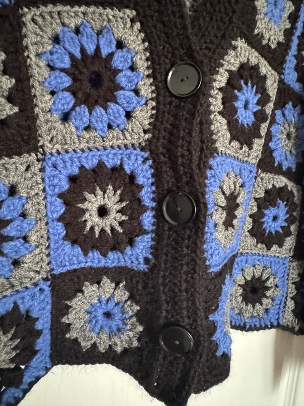 Hand Crafted Black Crochet Patchwork Cardigan with Blue and Gray Motifs. Ptp 27 - Picture 5 of 11